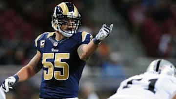 Nov 30, 2014; St. Louis, MO, USA; St. Louis Rams middle linebacker James Laurinaitis (55) calls a play during the first half against the Oakland Raiders at the Edward Jones Dome. St. Louis defeated Oakland 52-0. Mandatory Credit: Jeff Curry-USA TODAY Sports