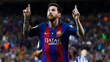 MADRID, SPAIN - MAY 27: Lionel Messi of FC Barcelona celebrates after scoring his team's first goal during the Copa Del Rey Final between FC Barcelona and Deportivo Alaves at Vicente Calderon stadium on May 27, 2017 in Madrid, Spain. (Photo by David Ramos/Getty Images)