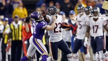 Dec 1, 2013; Minneapolis, MN, USA; Minnesota Vikings kicker Blair Walsh (3) pushes Chicago Bears kick returner Devin Hester (23) out of bounds in overtime at Mall of America Field at H.H.H. Metrodome. Vikings win 23-20 in overtime. Mandatory Credit: Bruce Kluckhohn-USA TODAY Sports