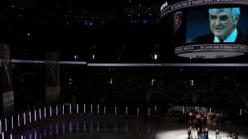 Apr 13, 2014; Vancouver, British Columbia, CAN; Pat Quinn is inducted to the Ring of Honor at Rogers Arena before the start of the first period as the Vancouver Canucks host the Calgary Flames. The Vancouver Canucks won 5-1. Mandatory Credit: Anne-Marie Sorvin-USA TODAY Sports