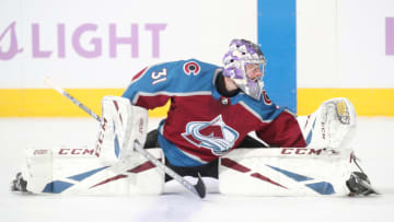 DENVER, COLORADO - NOVEMBER 27: Goaltender Philipp Grubauer #31 of the Colorado Avalanche warms up prior to the game against the Edmonton Oilers at the Pepsi Center on November 27, 2019 in Denver, Colorado. (Photo by Michael Martin/NHLI via Getty Images)