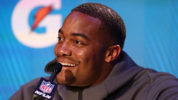 ATLANTA, GEORGIA - JANUARY 28: Trey Flowers #98 of the New England Patriots talks to the media during Super Bowl LIII Opening Night at State Farm Arena on January 28, 2019 in Atlanta, Georgia. (Photo by Rob Carr/Getty Images)