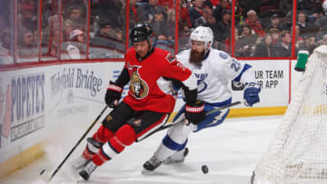 OTTAWA, ON - MARCH 14: Marc Methot #3 of the Ottawa Senators digs for a loose puck against Luke Witkowski #28 of the Tampa Bay Lightning at Canadian Tire Centre on March 14, 2017 in Ottawa, Ontario, Canada. (Photo by Andre Ringuette/NHLI via Getty Images)