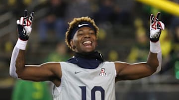 EUGENE, OREGON - NOVEMBER 16: Jamarye Joiner #10 of the Arizona Wildcats reacts prior to taking on the Oregon Ducks during their game at Autzen Stadium on November 16, 2019 in Eugene, Oregon. (Photo by Abbie Parr/Getty Images)