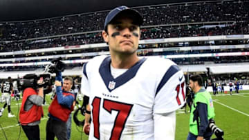 Nov 21, 2016; Mexico City, MEX; Houston Texans quarterback Brock Osweiler (17) reacts after a NFL International Series game against the Oakland Raiders at Estadio Azteca. The Raiders defeated the Texans 27-20. Mandatory Credit: Kirby Lee-USA TODAY Sports