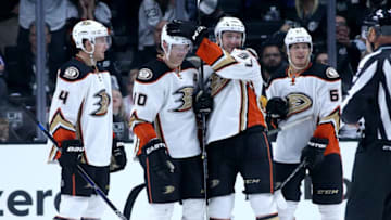 LOS ANGELES, CA - SEPTEMBER 29: Corey Perry #10 of the Anaheim Ducks celebrates his game winning goal in overtime with Nick Richie #37, Cam Fowler #4, and Rickard Rakell #67 against the Los Angeles Kings for the game winning goal in overtime during preseason at Staples Center on September 29, 2015 in Los Angeles, California. The Ducks won 2-1 in overtime. (Photo by Stephen Dunn/Getty Images)