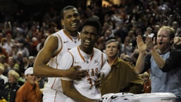 Mar 2, 2015; Austin, TX, USA; Texas Longhorns guard Isaiah Taylor (1) and forward Jonathan Holmes (10) react after beating the Baylor Bears at the Frank Erwin Special Events Center. Texas beat Baylor 61-59. Mandatory Credit: Brendan Maloney-USA TODAY Sports