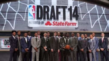 Jun 26, 2014; Brooklyn, NY, USA; NBA draft prospects in attendance pose for a photo on the stage before the start of the 2014 NBA Draft at the Barclays Center. Mandatory Credit: Brad Penner-USA TODAY Sports