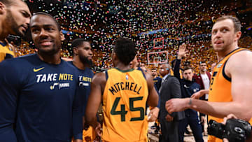 SALT LAKE CITY, UT - APRIL 27: Donovan Mitchell #45 of the Utah Jazz celebrates after Game Six of the Western Conference Quarterfinals against the Oklahoma City Thunder during the 2018 NBA Playoffs on April 27, 2018 at Vivint Smart Home Arena in Salt Lake City, Utah. Copyright 2018 NBAE (Photo by Garrett Ellwood/NBAE via Getty Images)