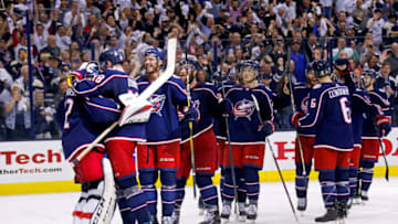 COLUMBUS, OH - APRIL 16: Sergei Bobrovsky #72 of the Columbus Blue Jackets is congratulated by his teammates after Game Four of the Eastern Conference First Round during the 2019 NHL Stanley Cup Playoffs against the Tampa Bay Lightning on April 16, 2019 at Nationwide Arena in Columbus, Ohio. Columbus defeated Tampa Bay 7-3 to win the series 4-0. (Photo by Kirk Irwin/Getty Images)
