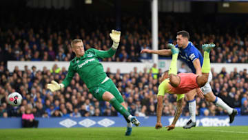 LIVERPOOL, ENGLAND - SEPTEMBER 28: Gabriel Jesus of Manchester City scores his team's first goal during the Premier League match between Everton FC and Manchester City at Goodison Park on September 28, 2019 in Liverpool, United Kingdom. (Photo by Michael Regan/Getty Images)