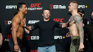 LAS VEGAS, NEVADA - OCTOBER 22: (L-R) Opponents Paulo Costa of Brazil and Marvin Vettori of Italy face off during the UFC Fight Night weigh-in at UFC APEX on October 22, 2021 in Las Vegas, Nevada. (Photo by Jeff Bottari/Zuffa LLC)
