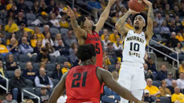Murray State’s Tevin Brown (10) takes three-point shot as the Murray State Racers play the Austin Peay Governors during their semifinal game of the Ohio Valley Conference championships at Ford Center Friday evening, March 6, 2020.Ovc Austinpeayvsmurray 08