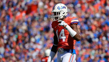 Nov 7, 2015; Gainesville, FL, USA; Florida Gators defensive lineman Alex McCalister (14) during the first quarter at Ben Hill Griffin Stadium. Mandatory Credit: Kim Klement-USA TODAY Sports