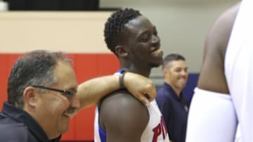 Sep 26, 2016; Detroit, MI, USA; Detroit Pistons guard Reggie Jackson (1) shares a laugh with head coach Stan Van Gundy during media day at the Pistons Practice Facility. Mandatory Credit: Raj Mehta-USA TODAY Sports