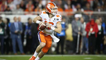 SANTA CLARA, CA - JANUARY 07: Trevor Lawrence #16 of the Clemson Tigers looks to pass against the Alabama Crimson Tide in the CFP National Championship presented by AT&T at Levi's Stadium on January 7, 2019 in Santa Clara, California. (Photo by Ezra Shaw/Getty Images)