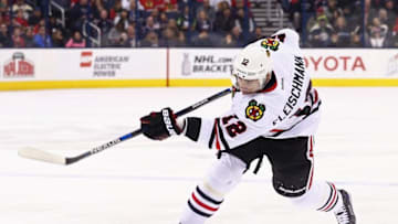 Apr 9, 2016; Columbus, OH, USA; Chicago Blackhawks left wing Tomas Fleischmann (12) against the Columbus Blue Jackets at Nationwide Arena. The Blue Jackets won 5-4 in overtime. Mandatory Credit: Aaron Doster-USA TODAY Sports