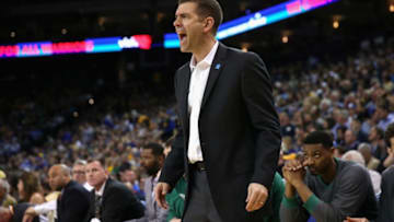 OAKLAND, CA - APRIL 01: Head coach Brad Stevens of the Boston Celtics complains about a call during their game against the Golden State Warriors at ORACLE Arena on April 1, 2016 in Oakland, California. NOTE TO USER: User expressly acknowledges and agrees that, by downloading and or using this photograph, User is consenting to the terms and conditions of the Getty Images License Agreement. (Photo by Ezra Shaw/Getty Images)