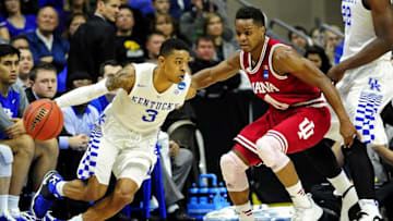 Mar 19, 2016; Des Moines, IA, USA; Kentucky Wildcats guard Tyler Ulis (3) drives to the basket against Indiana Hoosiers guard Yogi Ferrell (11) in the second half during the second round of the 2016 NCAA Tournament at Wells Fargo Arena. Mandatory Credit: Jeffrey Becker-USA TODAY Sports