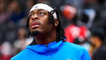 Luguentz Dort #5 of the Oklahoma City Thunder looks on before playing the Toronto Raptors in their basketball game at the Scotiabank Arena on December 8, 2021 in Toronto, Ontario, Canada. (Photo by Mark Blinch/Getty Images)