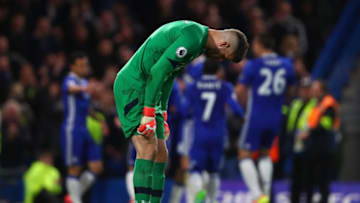 LONDON, ENGLAND - APRIL 25: Fraser Forster of Southampton reacts as Diego Costa of Chelsea scores their fourth goal during the Premier League match between Chelsea and Southampton at Stamford Bridge on April 25, 2017 in London, England. (Photo by Clive Rose/Getty Images)