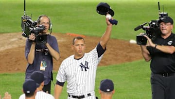 Aug 12, 2016; Bronx, NY, USA; New York Yankees designated hitter Alex Rodriguez (13) waves to the fans after playing his final game as a Yankee against the Tampa Bay Rays at Yankee Stadium. The Yankees won 6-3. Mandatory Credit: Andy Marlin-USA TODAY Sports