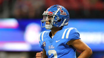 ATLANTA, GEORGIA - SEPTEMBER 06: Matt Corral #2 of the Mississippi Rebels reacts after Snoop Conner #24 rushed for a touchdown against the Louisville Cardinals during the first half of the Chick-fil-A Kick-Off Game at Mercedes-Benz Stadium on September 06, 2021 in Atlanta, Georgia. (Photo by Kevin C. Cox/Getty Images)