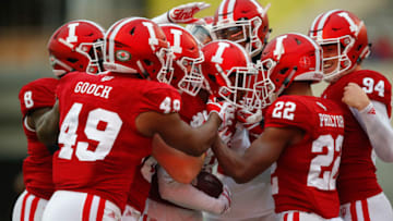 BLOOMINGTON, IN - NOVEMBER 18: Members of the Indiana Hoosiers celebrate with Rashard Fant #16 of the Indiana Hoosiers after a fumbled punt recovery against the Rutgers Scarlet Knights at Memorial Stadium on November 18, 2017 in Bloomington, Indiana. (Photo by Michael Hickey/Getty Images)