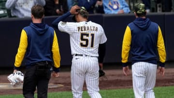 Milwaukee Brewers starting pitcher Freddy Peralta (51) is relieved during the fourth inning of their game against the Washington Nationals Sunday, May 22, 2022 at American Family Field in Milwaukee, Wis.Brewers23 2