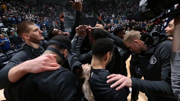 MINNEAPOLIS, MN - APRIL 11: The Denver Nuggets huddle up before the game against the Minnesota Timberwolves on April 11, 2018 at Target Center in Minneapolis, Minnesota. NOTE TO USER: User expressly acknowledges and agrees that, by downloading and or using this Photograph, user is consenting to the terms and conditions of the Getty Images License Agreement. Mandatory Copyright Notice: Copyright 2018 NBAE (Photo by David Sherman/NBAE via Getty Images)