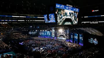 ARLINGTON, TX - APRIL 26: The Dallas Cowboys war room is seen on a video board during the first round of the 2018 NFL Draft at AT&T Stadium on April 26, 2018 in Arlington, Texas. (Photo by Tim Warner/Getty Images)