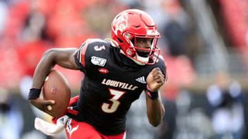 LOUISVILLE, KENTUCKY - OCTOBER 26: Micale Cunningham #3 of the Louisville Cardinals runs with the ball against the Virginia Cavaliers on October 26, 2019 in Louisville, Kentucky. (Photo by Andy Lyons/Getty Images)