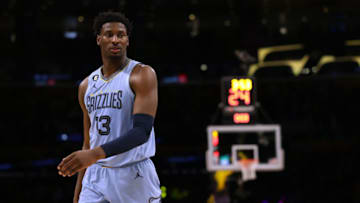 LOS ANGELES, CALIFORNIA - MARCH 07: Jaren Jackson Jr. #13 of the Memphis Grizzlies reacts in the final minutes during a 112-103 Los Angeles Lakers win at Crypto.com Arena on March 07, 2023 in Los Angeles, California. NOTE TO USER: User expressly acknowledges and agrees that, by downloading and/or using this Photograph, user is consenting to the terms and conditions of the Getty Images License Agreement. Mandatory Copyright Notice: Copyright 2023 NBAE. (Photo by Harry How/Getty Images)