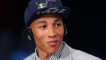 Jun 26, 2014; Brooklyn, NY, USA; Dante Exum (Australia) is interviewed after being selected as the number five overall pick to the Utah Jazz in the 2014 NBA Draft at the Barclays Center. Mandatory Credit: Brad Penner-USA TODAY Sports