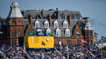 Jul 15, 2015; St Andrews, GBR; General View of the grandstand and scoreboard of the Champions Challenge during Wednesday practice at The 144th Open Championship at The Royal & Ancient Golf Club of St Andrews. Mandatory Credit: Steve Flynn-USA TODAY Sports