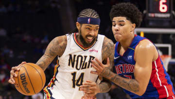 New Orleans Pelicans forward Brandon Ingram (14) drives to the basket against Detroit Pistons guard Killian Hayes (7) Credit: Raj Mehta-USA TODAY Sports