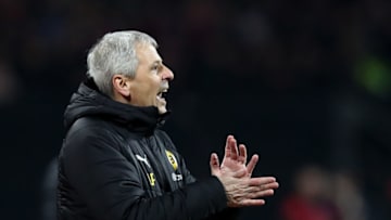 18 February 2019, Bavaria, Nürnberg: Soccer: Bundesliga, 1st FC Nuremberg - Borussia Dortmund, 22nd matchday in Max Morlock Stadium. The Dortmund coach Lucien Favre. Photo: Daniel Karmann/dpa - IMPORTANT NOTE: In accordance with the requirements of the DFL Deutsche Fußball Liga or the DFB Deutscher Fußball-Bund, it is prohibited to use or have used photographs taken in the stadium and/or the match in the form of sequence images and/or video-like photo sequences. (Photo by Daniel Karmann/picture alliance via Getty Images)