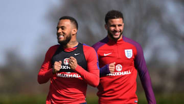ENFIELD, ENGLAND - MARCH 25: (L-R) Ryan Bertrand and Kyle Walker share a joke during the England training session at the Tottenham Hotspur Training Centre on March 25, 2017 in Enfield, England. (Photo by Mike Hewitt/Getty Images)