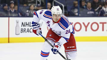Apr 4, 2016; Columbus, OH, USA; New York Rangers left wing Chris Kreider (20) against the Columbus Blue Jackets at Nationwide Arena. The Rangers won 4-2. Mandatory Credit: Aaron Doster-USA TODAY Sports
