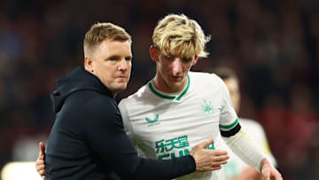 BOURNEMOUTH, ENGLAND - FEBRUARY 11: Eddie Howe, Manager of Newcastle United, interacts with Anthony Gordon of Newcastle United after the Premier League match between AFC Bournemouth and Newcastle United at Vitality Stadium on February 11, 2023 in Bournemouth, England. (Photo by Dan Istitene/Getty Images)
