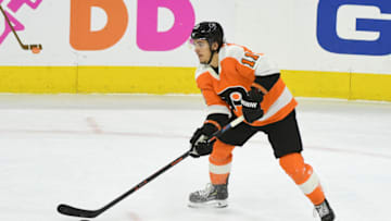 PHILADELPHIA, PA - NOVEMBER 13: Philadelphia Flyers Right Wing Travis Konecny (11) skates with the puck during a NHL game between the Florida Panthers and the Philadelphia Flyers on November 13, 2018, at the Wells Fargo Center in Philadelphia, PA. Photo by Andy Lewis/Icon Sportswire via Getty Images)