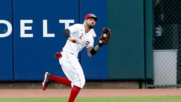Cincinnati Reds right fielder Nicholas Castellanos (2) catches a line drive off the bat of Cleveland Indians center fielder Bradley Zimmer (4) in the fourth inning of the MLB interleague game between the Cincinnati Reds and the Cleveland Indians at Great American Ball Park in downtown Cincinnati on Tuesday, Aug. 4, 2020.Cleveland Indians At Cincinnati Reds
