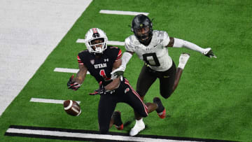 Auburn footballDecember 3, 2021; Las Vegas, NV, USA; Oregon Ducks cornerback DJ James (0) defends against Utah Utes wide receiver Theo Howard (1) during the second half in the 2021 Pac-12 Championship Game at Allegiant Stadium. Mandatory Credit: Gary A. Vasquez-USA TODAY Sports