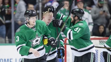 Dec 23, 2016; Dallas, TX, USA; Dallas Stars defenseman Esa Lindell (23) and defenseman John Klingberg (3) and center Tyler Seguin (91) celebrate Lindell