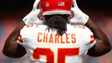 Sep 14, 2014; Denver, CO, USA; Kansas City Chiefs running back Jamaal Charles (25) before the game against the Denver Broncos at Sports Authority Field at Mile High. Mandatory Credit: Chris Humphreys-USA TODAY Sports
