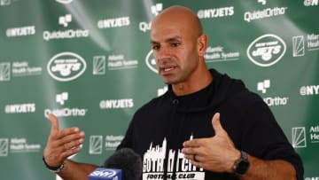 FLORHAM PARK, NEW JERSEY - JULY 26: Head coach Robert Saleh of the New York Jets talks to reporters after training camp at Atlantic Health Jets Training Center on July 26, 2023 in Florham Park, New Jersey. (Photo by Rich Schultz/Getty Images)