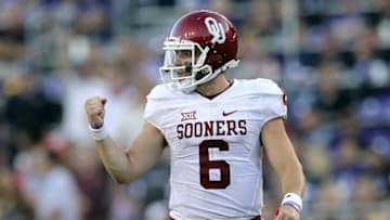 Oct 1, 2016; Fort Worth, TX, USA; Oklahoma Sooners quarterback Baker Mayfield (6) reacts after a touchdown during the second half against the TCU Horned Frogs at Amon G. Carter Stadium. Mandatory Credit: Kevin Jairaj-USA TODAY Sports