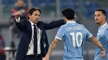 ROME, ITALY - DECEMBER 20: Simone Inzaghi head coach of SS Lazio celebrates with Luis Alberto Romero Alconchel of SS Lazzio after scored the 2-0 goal during the Serie A match between SS Lazio and SSC Napoli at Stadio Olimpico on December 20, 2020 in Rome, Italy.Sporting stadiums around Italy remain under strict restrictions due to the Coronavirus Pandemic as Government social distancing laws prohibit fans inside venues resulting in games being played behind closed doors. (Photo by Giuseppe Bellini/Getty Images)