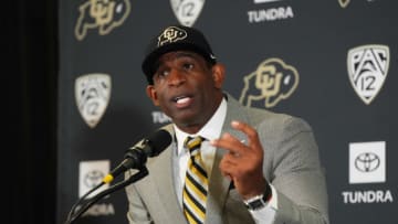 Dec 4, 2022; Boulder, CO, USA; Colorado Buffaloes head coach Deion Sanders speaks during a press conference at the Arrow Touchdown Club. Mandatory Credit: Ron Chenoy-USA TODAY Sports