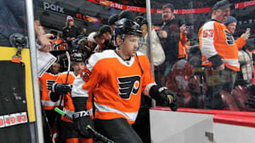 PHILADELPHIA, PA - NOVEMBER 15: James van Riemsdyk #25, Shayne Gostisbehere #53 and Wayne Simmonds #17 of the Philadelphia Flyers enter the ice surface for warm-ups against the New Jersey Devils on November 15, 2018 at the Wells Fargo Center in Philadelphia, Pennsylvania. (Photo by Len Redkoles/NHLI via Getty Images)